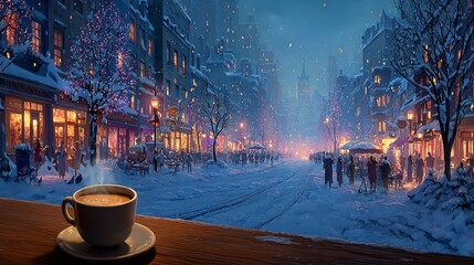 Cozy Winter Evening with Warm Coffee in Snowy City Street Scene