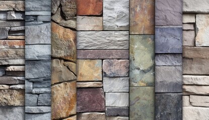 Assortment of stone walls. Each wall features a unique combination of stone types and colors