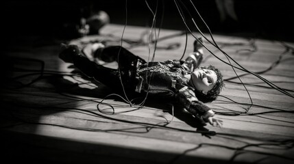 marionette. Broken marionette on empty stage with scattered strings. wellbeing guides, coaching materials, designed for mental health education and mindfulness programs.