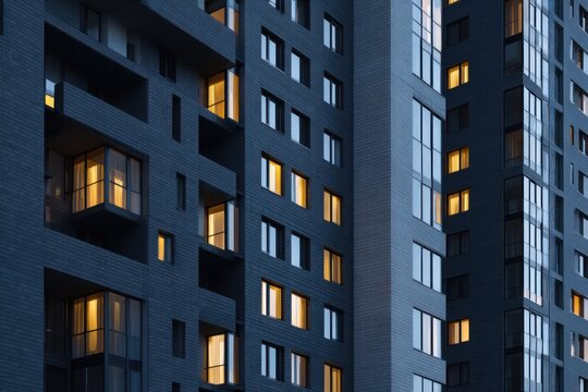 Urban apartment tower exterior at twilight warm window lights contrasting reflective dark glass fasade Shadows create striking depth