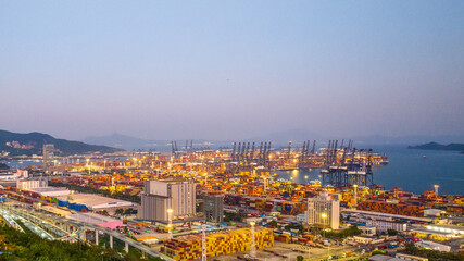 Fototapeta premium Aerial View of Yantian Port Container Terminal, Shenzhen at Dusk