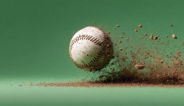 Baseball in mid-air with dirt explosion against a solid green backdrop