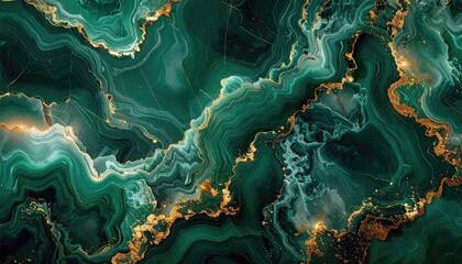 Abstract emerald green and gold marbled texture with glittering particles and flowing organic lines representing luxury and elegance