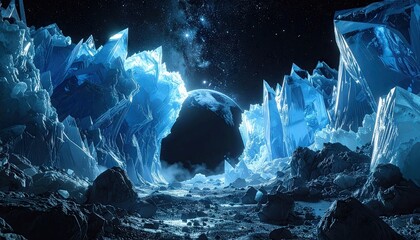 Alien Landscape Under Starlit Sky With Crystalline Formations And Glowing Lights In Deep Space