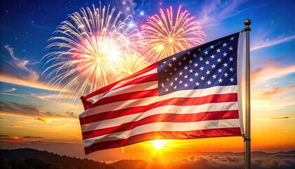 American flag waves proudly against a vibrant sunset sky with a spectacular fireworks display illuminating the night over rolling hills and clouds