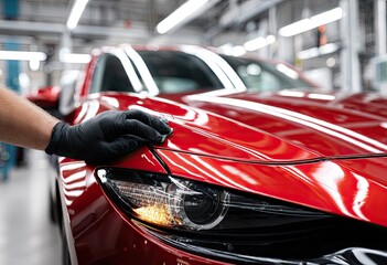 A detailer in black gloves, polishes a vibrant red car in a modern, well-lit garage