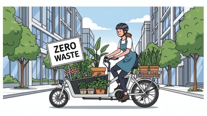 Sustainable Green Delivery and Circular Economy Illustration. Electric Cargo Bike Delivering Plants in Eco-friendly Pots. Modern Flat Vector.