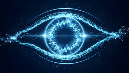 Abstract visualization of an energy eye formed by glowing waveforms, symbolizing artificial intelligence awareness, digital perception, data signals, and futuristic monitoring technology.