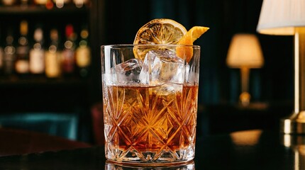 Elegant cocktail with ice and citrus garnish in a crystal glass on a bar counter, capturing a classy nightlife and luxury drink experience.
