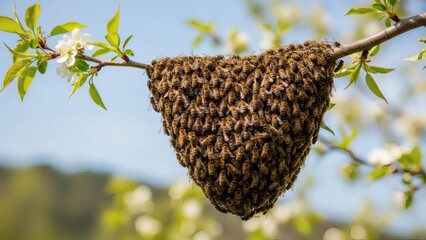 Honeybee Swarm Clustered Bees on Blossoming Branch in Spring Sunlight.