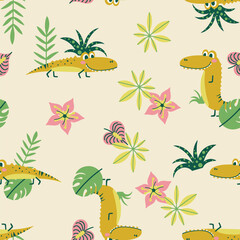 Cute crocodile seamless pattern with tropical leaves and flowers © RDYD Studio