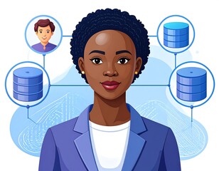 Digital illustration of a woman surrounded by tech data