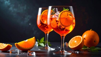 Two elegant, stemmed glasses filled with vibrant orange cocktails, garnished with citrus slices and ice, on a dark surface