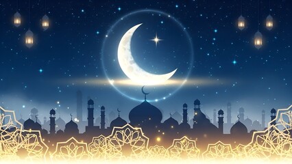 Ramadan Kareem Islamic Crescent Moon and Mosques Silhouette Background with Festive Lanterns and Geometric Patterns