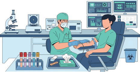 A smiling female doctor and nurse care for a patient in a hospital office with medical equipment indoors