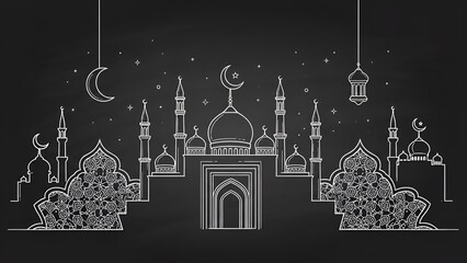 Elegant chalkboard style illustration depicting a grand mosque, adorned with crescent moons, stars, and lanterns, perfect for Ramadan and Eid celebrations