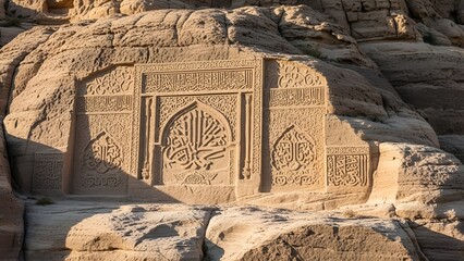 Ancient detailed stone carving with intricate patterns and calligraphic inscriptions on a weathered rock face, showcasing historical artistry and cultural heritage of a bygone era