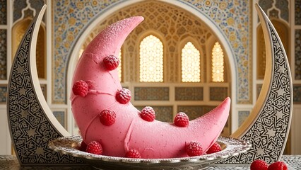 Sweet crescent moon dessert adorned with fresh raspberries, presented elegantly in a decorative setting, perfect for celebratory occasions