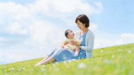 Fototapeta premium 青空の下の芝生に座り赤ちゃんを抱っこする母親