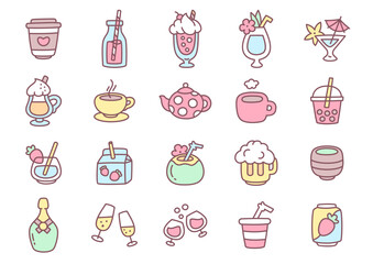 Cute beverage icon set. Collection of drink symbols including coffee, tea, smoothies, cocktails, milkshakes and soda, designed in soft pastel colors. Kawaii stickers. Vector 10 EPS.