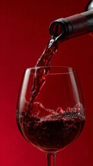 red wine pouring from a bottle into a glass against a red background