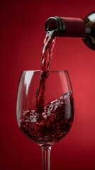 red wine pouring from a bottle into a glass against a red background