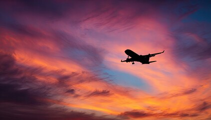 Airplane silhouette descends across a brilliant fiery sunset with orange, pink, and purple clouds