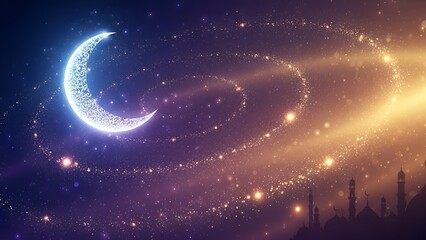 Enchanting crescent moon with shimmering dust and distant minarets under a starry night sky