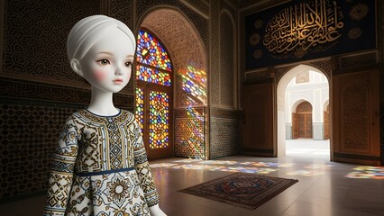 Elegant doll with intricate attire stands inside an ornate building with stained glass windows