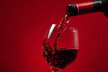 red wine pouring from a bottle into a glass against a red background