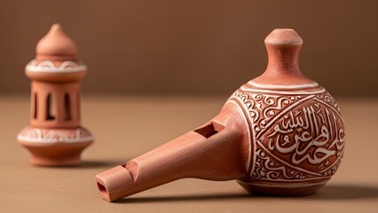Artisan-crafted terracotta whistle adorned with detailed Arabic calligraphy, displayed alongside a complementary clay miniature lantern, evoking traditional Middle Eastern artistry
