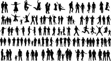 Silhouettes of Adults and Children in Group Poses Showing Family, Friendship, and Social Interaction for Design or Educational Use