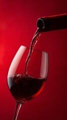 red wine pouring from a bottle into a glass against a red background