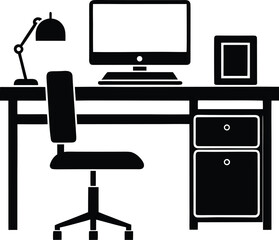 Black silhouette of an office desk with computer chair lamp and picture frame vector