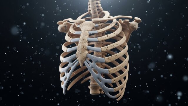 Detailed human thoracic skeleton with rib cage and spinal vertebrae structure