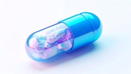 Shiny blue capsule with translucent shell holding irregular pastel contents