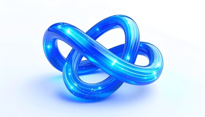 A glowing, blue, abstract, intertwined loop against a white background