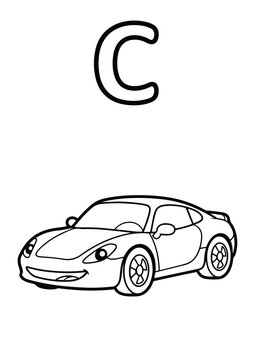 Letter C Coloring Book Page for Kids with Cute Car. Vector Outline Illustration.