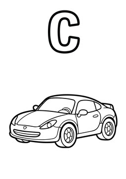 Letter C Coloring Book Page for Kids with Cute Car. Vector Outline Illustration.