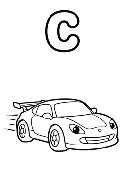 Letter C Coloring Book Page for Kids with Cute Car. Vector Outline Illustration.