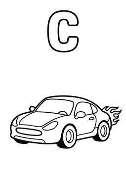 Letter C Coloring Book Page for Kids with Cute Car. Vector Outline Illustration.