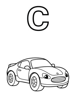 Letter C Coloring Book Page for Kids with Cute Car. Vector Outline Illustration.