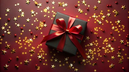 Festive Black Friday surprise! Top view black gift box, adorned with vibrant red ribbon, surrounded by golden star-shaped confetti, set against rich marsala backdrop. Ideal for your Black Friday deals