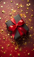Festive Black Friday surprise! Top view black gift box, adorned with vibrant red ribbon, surrounded by golden star-shaped confetti, set against rich marsala backdrop. Ideal for your Black Friday deals