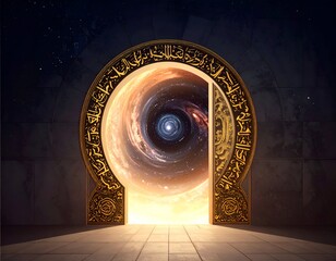 Ornate golden portal reveals a swirling cosmic galaxy