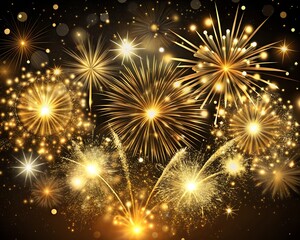 Elegant gold and black background with fireworks and light sparkles. Background for birthday celebrations, big events, congratulations and holidays like 4th of July or New Year's Eve