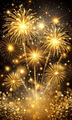 Elegant gold and black background with fireworks and light sparkles. Background for birthday celebrations, big events, congratulations and holidays like 4th of July or New Year's Eve