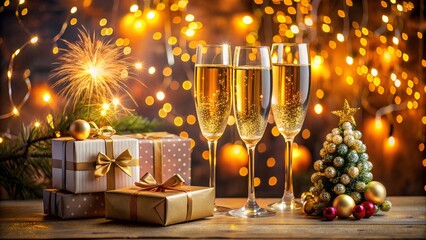 New year 2024 with bright lights,gifts and сhampagne