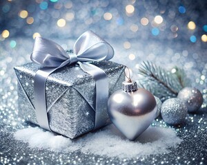 Silver sparkling Christmas composition with present box and heart