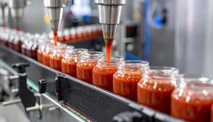 Industrial food processing line with glass jars being filled with red sauce from automated nozzles on conveyor belt.